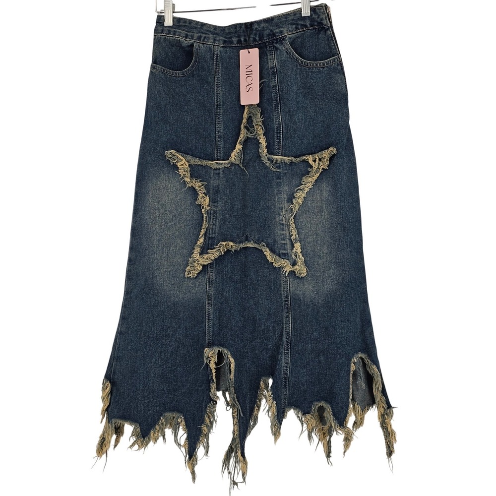 MICAS Denim Patchwork Midi Skirt M Blue Star Distressed Sharkbite Y2K Grunge